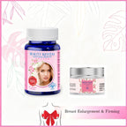 Two supplement products labeled Beauty Revital and Breast Cream with images of women on the labels, set against a pinkish tropical background.