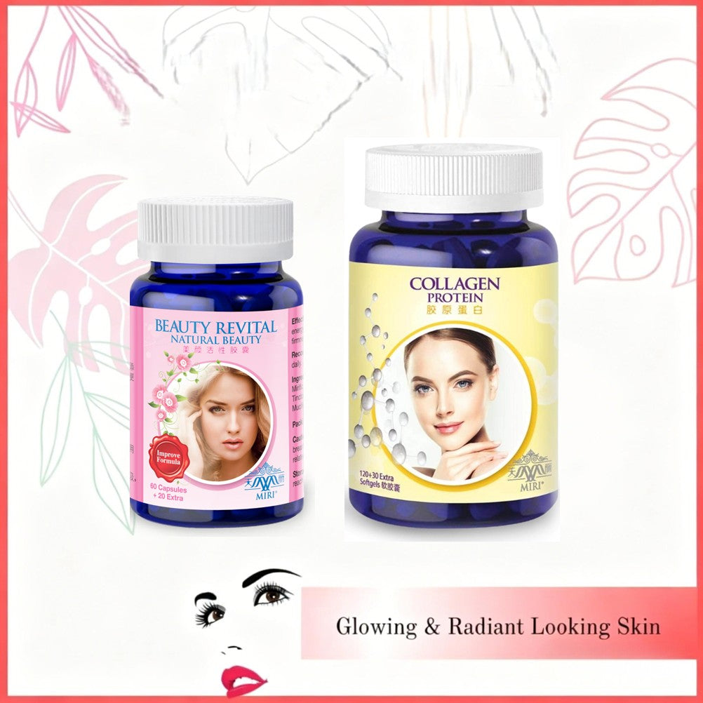 Two supplement bottles labeled Beauty Revital and Collagen Protein with images of women on the labels, set against a pinkish tropical background.
