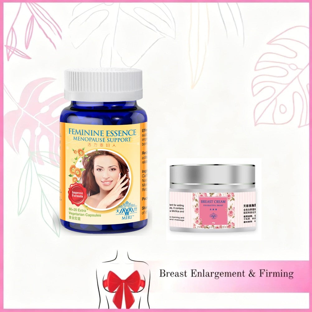 Two supplement products labeled Feminine Essence and Breast Cream with images of women on the labels, set against a pinkish tropical background.