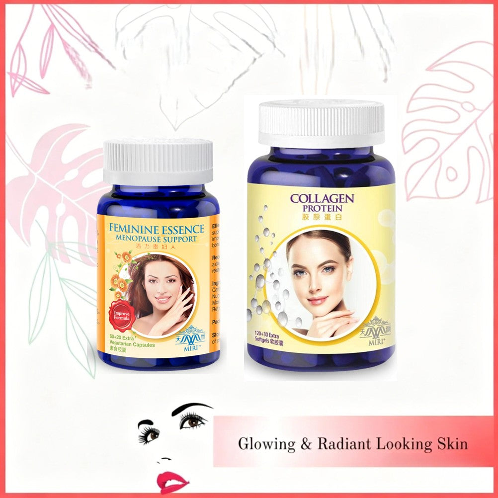 Two supplement bottles labeled Feminine Essence and Collagen Protein on a decorative background with a face icon and text.