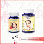 Two supplement bottles labeled Feminine Essence and Collagen Protein on a decorative background with a face icon and text.