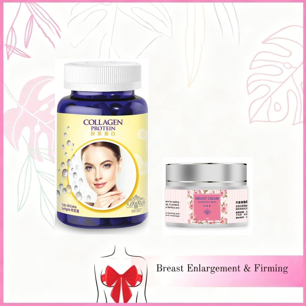 Two supplement products labeled Collagen Protein and Breast Cream with images of women on the labels, set against a pinkish tropical background.