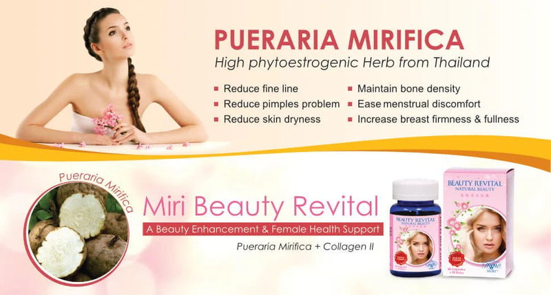 Intro to pueraria mirifica with benefits and product made from it, using a woman, pueraria mirifica image to make a banner on a beige background.