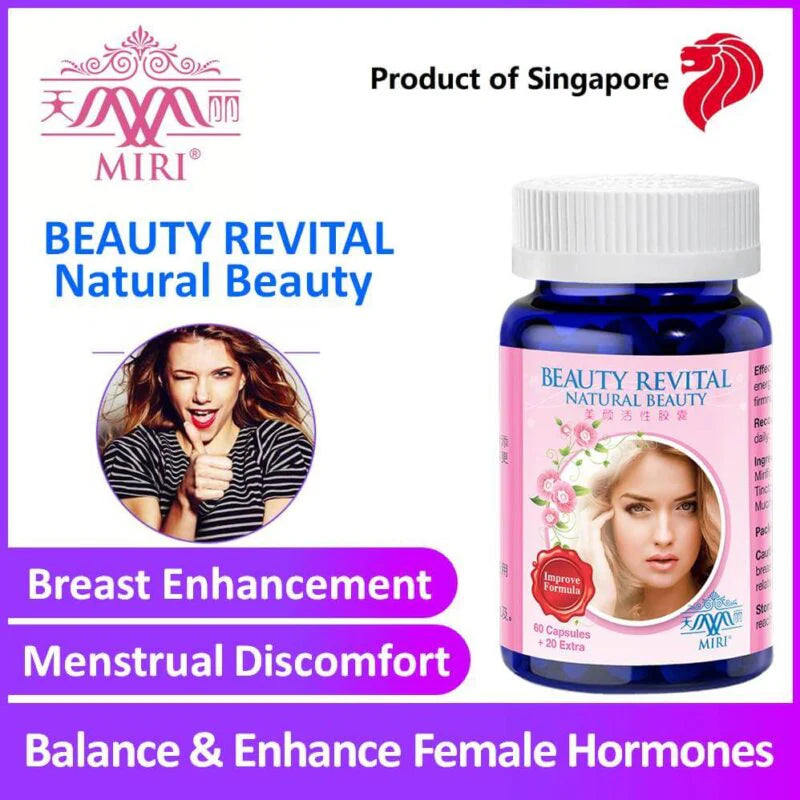 A capsules bottle called Beauty Revital with description text and images on a white background.