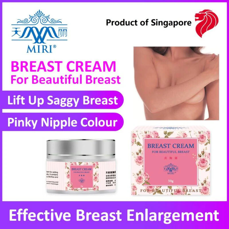 Breast cream promotional banner with product packaging and promotional text on a white background.