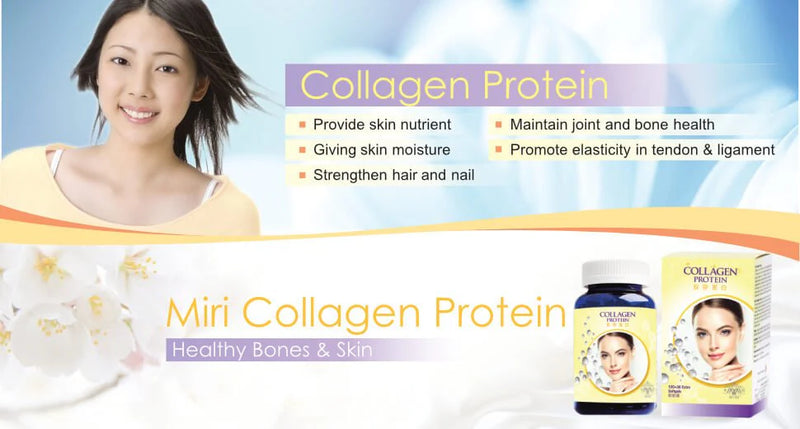 Intro to collagen protein with benefits and product associated with it, using a woman image to make a banner on a light blue background.