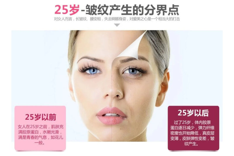 Comparison of a woman's face before and after 25 years, highlighting wrinkles in chinese