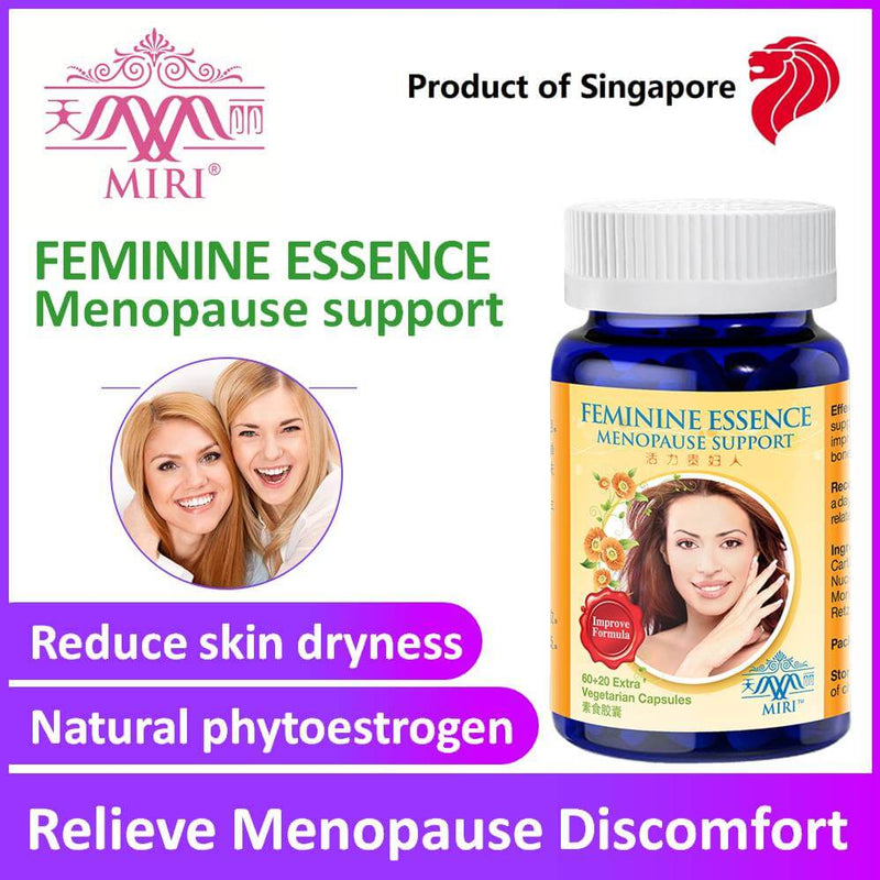 A capsules bottle called Feminine Essence with description text and images on a white background