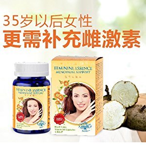 Supplement bottle with box text in chinese on top about the importance of additional hormone for woman after 35