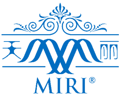 Blue logo with crown on top, decorative element in the middle and our brand name MIRI below