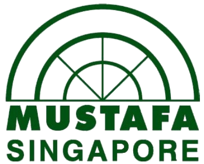 Mustafa Singapore logo with green text below and half cake like arch design on top 